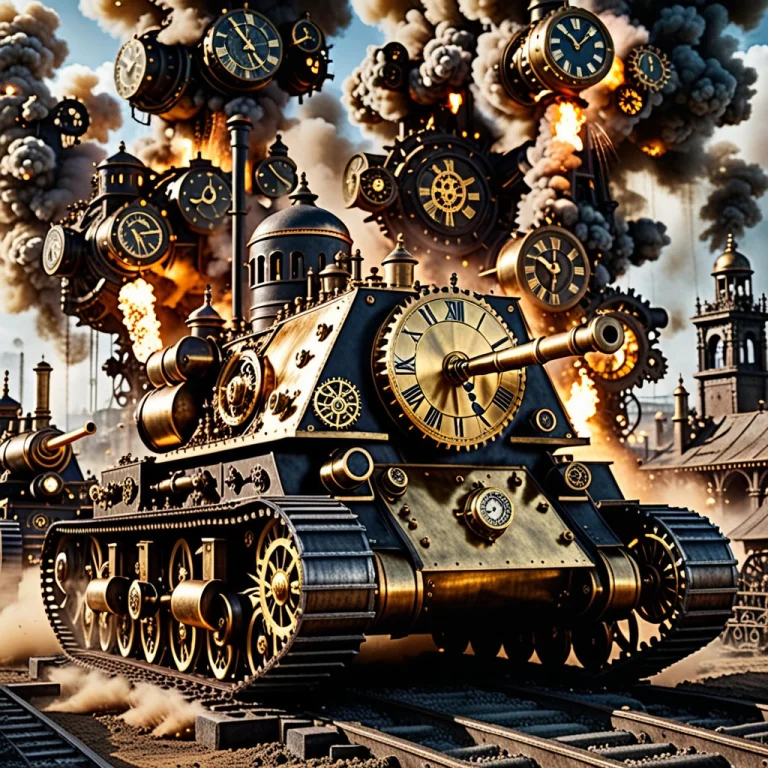 An Epic Battle Scene Featuring Massive Steampunk Clockwork T...