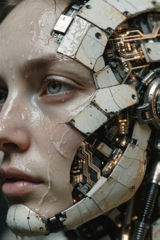 A Macro Portrait Of A Woman With Pale Skin, Half Her Face Co... — Stable Diffusion AI Prompt: A macro portrait of a woman with pale skin, half her face covered in cracked syn...