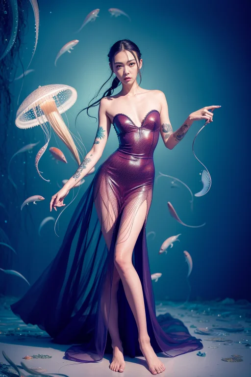 A Beautiful Woman, Jellyfish Dress, Full Body, Looking At Vi...