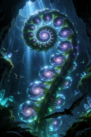 A Colossal Ancient Fern Unfurling Vertically In A Dark, Biol... — Stable Diffusion AI Prompt: A colossal ancient fern unfurling vertically in a dark, bioluminescent cavern, h...