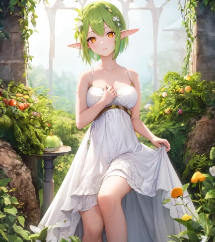 Masterpiece, Highest Quality, 1girl, White Dress, Green Hair... — Stable Diffusion AI Prompt: masterpiece, highest quality, 1girl, white dress, green hair, short hair, orange...