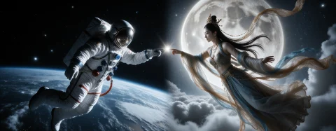 一张远景超现实的照片，图片一分为二，对称构图，左侧是太空中的... — Stable Diffusion AI Prompt: 一张远景超现实的照片，图片一分为二，对称构图，左侧是太空中的景象，右侧是中国古代...