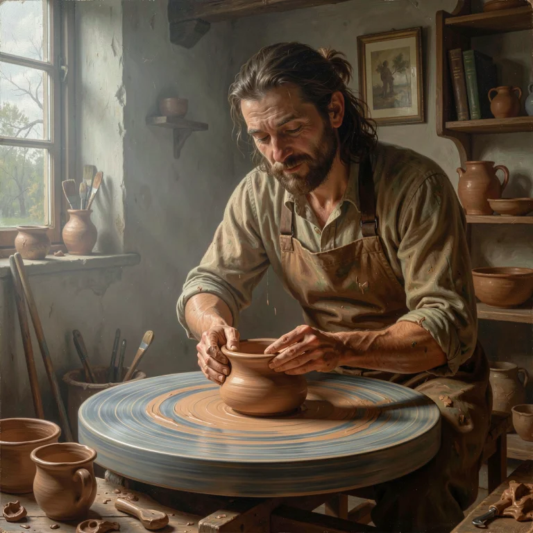 A Potter Shaping Clay On A Spinning Wheel, Classical Paintin...