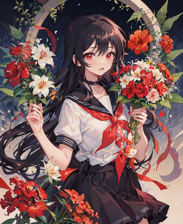 Flower, Redflower, Spiderlily, Camellia, 1girl, Hibiscus, Re...