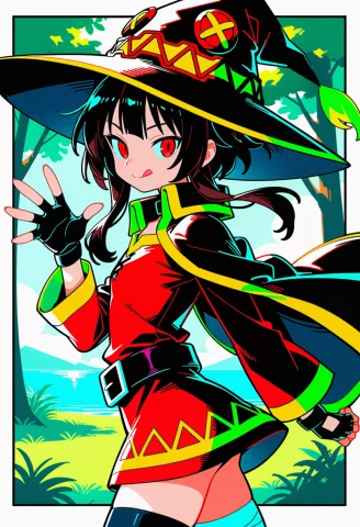 Masterpiece, Medium Shot Of Megumin In A Dynamic Walk Cycle... — Stable Diffusion AI Prompt: masterpiece, Medium shot of Megumin in a dynamic walk cycle through a sunlit for...
