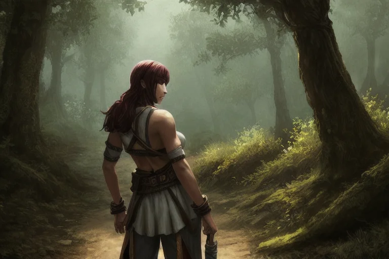 Digital Painting Of A Female Adventurer In A Forest With Tre...