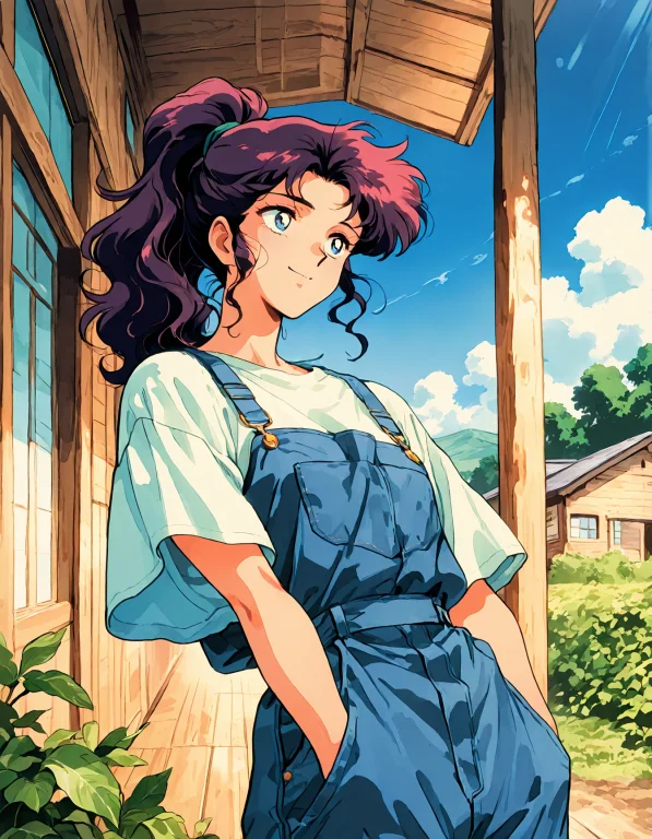 1girl, Solo, Dark Wavy Hair Tied In High Ponytail, Blue Deni...
