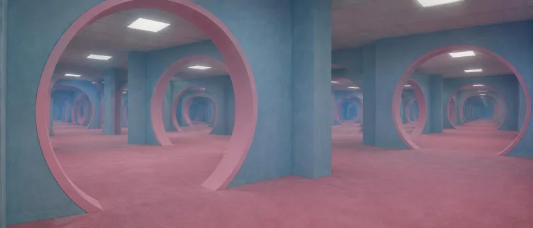 Liminal Space Backrooms Interior, Endless Blue And Pink Berm...