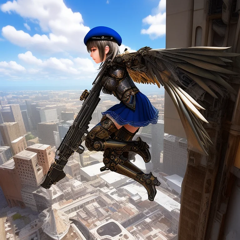 Mechgirl, Holdinggun, Sciencefiction, Cloud, Flying, 1girl1....