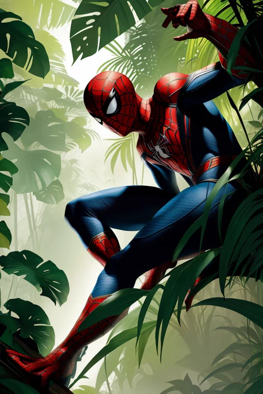Spider-man In The Jungle By Syd Mead, Cold Color Palette, Mu...