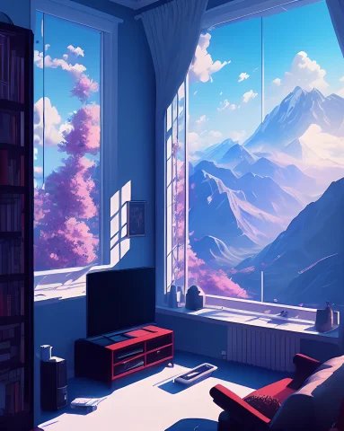 Hestyle Room, Beautiful Gaming Room, Mountains View From Win... — Stable Diffusion AI Prompt: hestyle room, beautiful gaming room, mountains view from window, spring, cherry...
