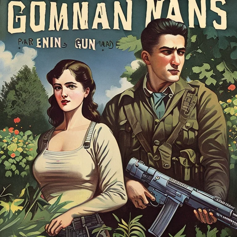 Book Cover Of A Woman And Man During War Guns In A Garden