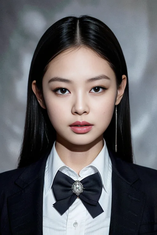 A Woman With A Black And White Bow Tie On Her Neck And A Bla...