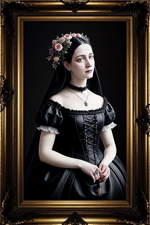 Gothic Woman Baroque Painting With Black Flowers In The Back...