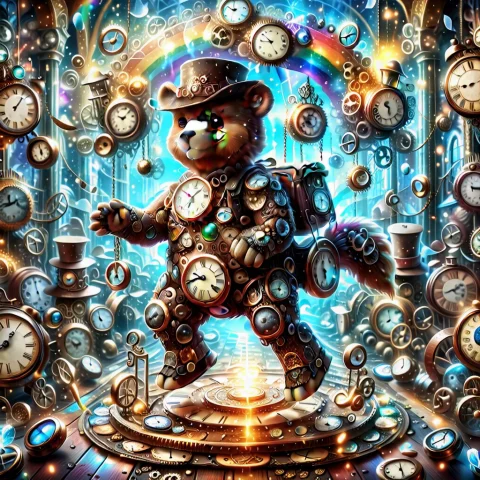 A Stuffed Bear In A Cowboy Hat, Riding A Tiny Rocking Horse... — SDXL AI Prompt: A stuffed bear in a cowboy hat, riding a tiny rocking horse made of clocks throu...