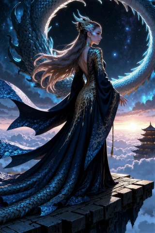 An Illustration Of A Celestial Dragon Princess With Faint Ir... — Stable Diffusion AI Prompt: An illustration of a celestial dragon princess with faint iridescent scales alon...