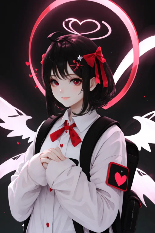 Skistyle, 1girl, Solo, Halo, Red Eyes, Wings, Heart, Looking...