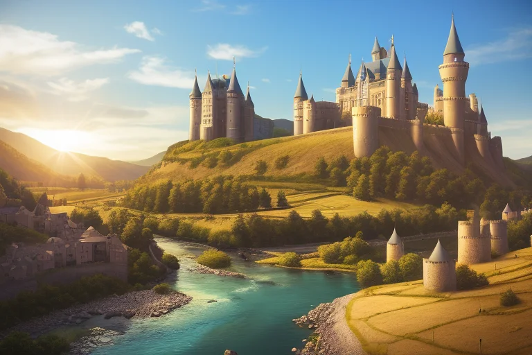 Medieval Castle, Sunshine, Valley, River, Village, Cinematic...