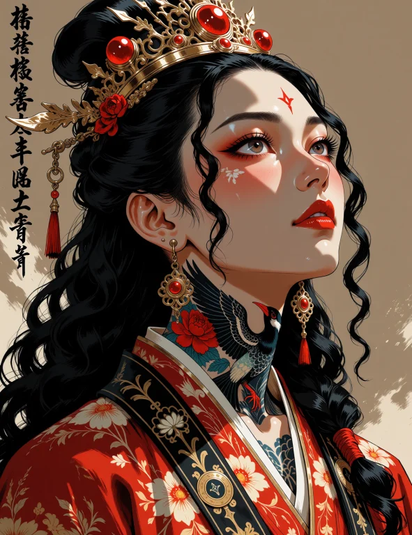 A Traditional Asian Painting. A Woman With Striking Facial F...