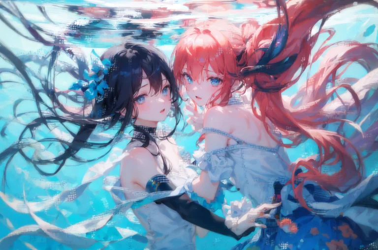 2girl, Under Water, Detailed Background, Multicolored Hair,...