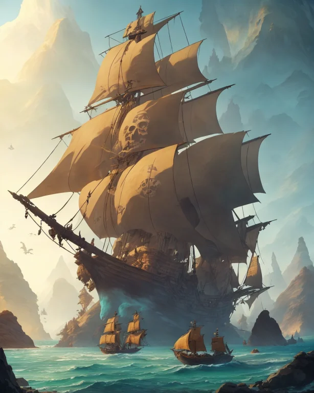 A Pirate Ship Sailing Past A Mountain With A Skull, Landscap...