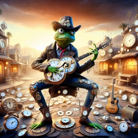 In A Clockwork Desert Town Lounges A Green Frog With Express... — SDXL AI Prompt: in a clockwork desert town lounges a green frog with expressive eyes. The frog w...
