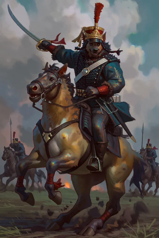 An Anthropomorphic Hyena Hussar Mid-charge On A Rearing Hors...