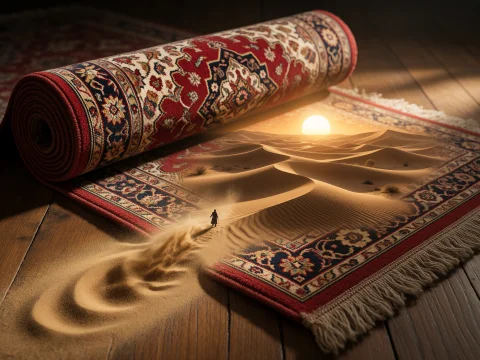 17. Textile Landscape Surrealism, A Rolled-up, Ornate Persia... — Stable Diffusion AI Prompt: 17. textile landscape surrealism, a rolled-up, ornate Persian rug unspooling acr...