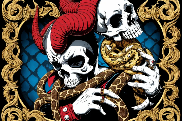 A Skull Dressed In A Costume With Horns And A Snake On His H...