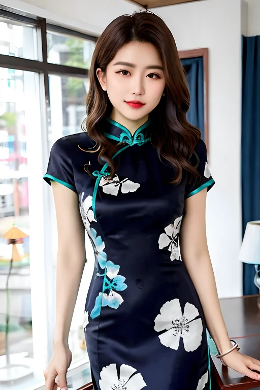 Raw Photo, Qipao, Short Sleeve,solo, Dress,dark Blue Qipao,f...