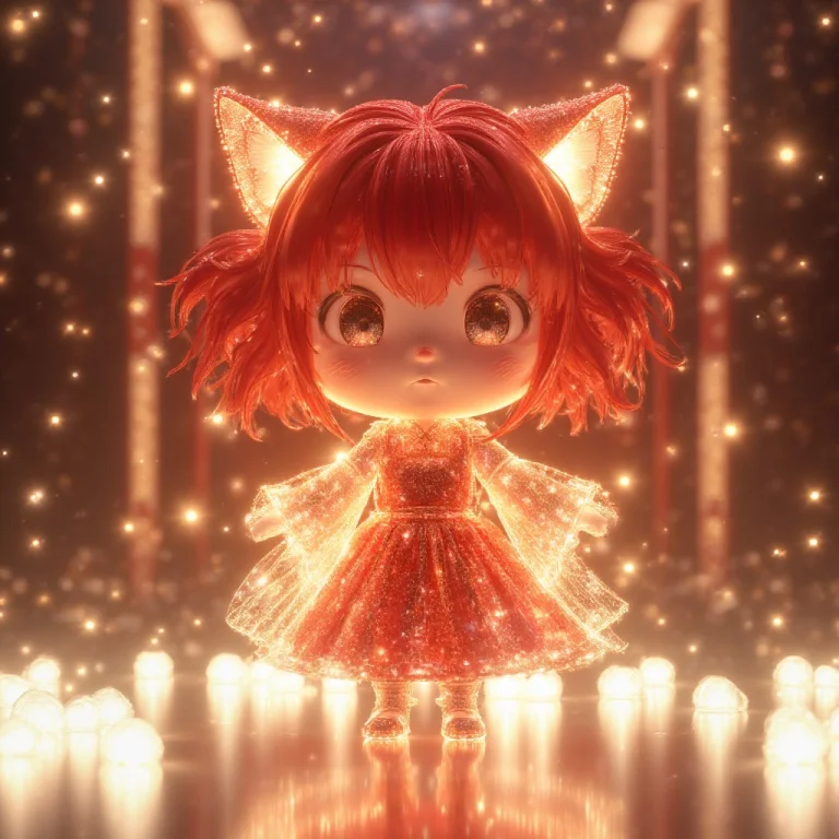 A 3d Chibi Anime Red Hair Cat Girl Wear Light Samurai Dresse...