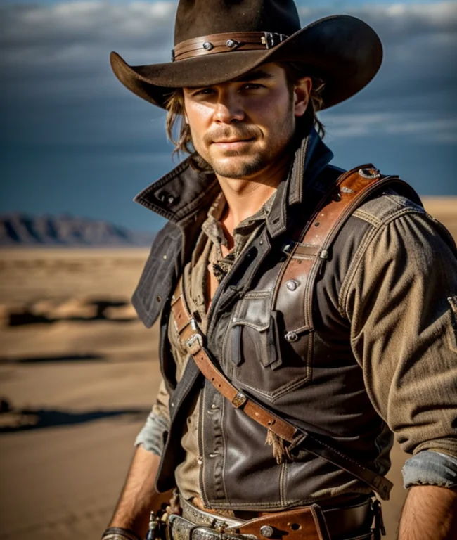 Solo Mid Shot Portrait Photo Of A Cowboy From Mad Max Dark F...