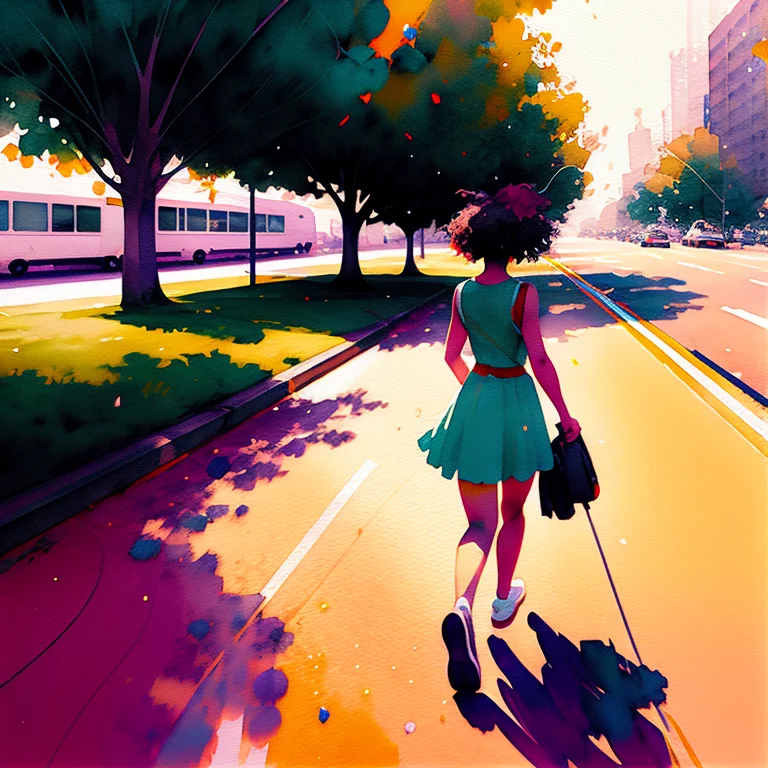Wtrcolor Style, Beautiful Girl Walking On The Street, Waterc...