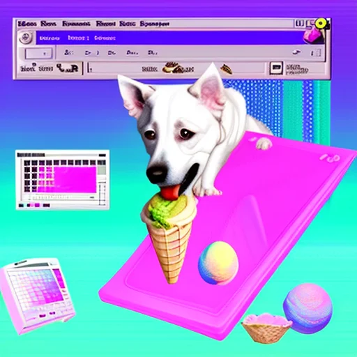 A Vaporwave Screenshot Of A Dog Eating Ice Cream In A Comput...