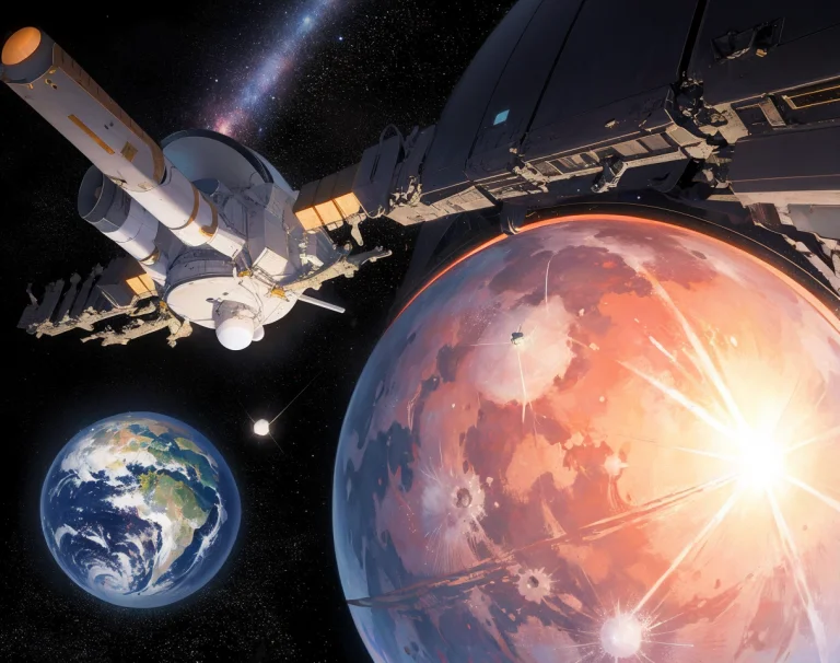 A Spacecraft Flying Near A Large Planet, Stars, Moons, Nebul...