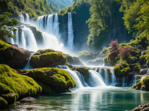 A Chaotic Rushing Waterfall In A Serene Beautiful Landscape,... — Stable Diffusion AI Prompt: A chaotic rushing waterfall in a serene beautiful landscape, ray tracing, detail...