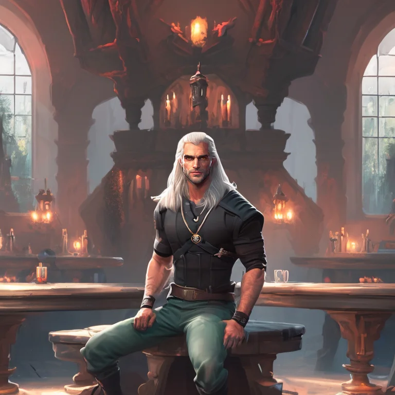 Henry Cavil As The Witcher Sitting In A Fantasy Bar Wearing...