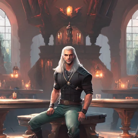 Henry Cavil As The Witcher Sitting In A Fantasy Bar Wearing... — Stable Diffusion AI Prompt: Henry Cavil as the Witcher sitting in a fantasy bar wearing a wolf medallion SCG...