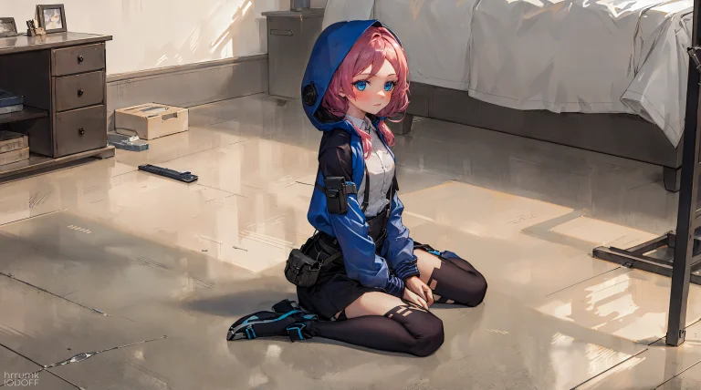 1girl, Solo, Hood, Full Body, Sitting, Blue Potion, Pastel C...