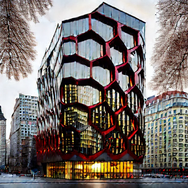 Midjourneyi Red Skyscraper With Hexagonal Windows, Ultrawide...