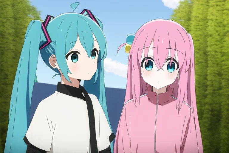 2girls, Miku, Bocchi Ahoge, Miku Blue Hair