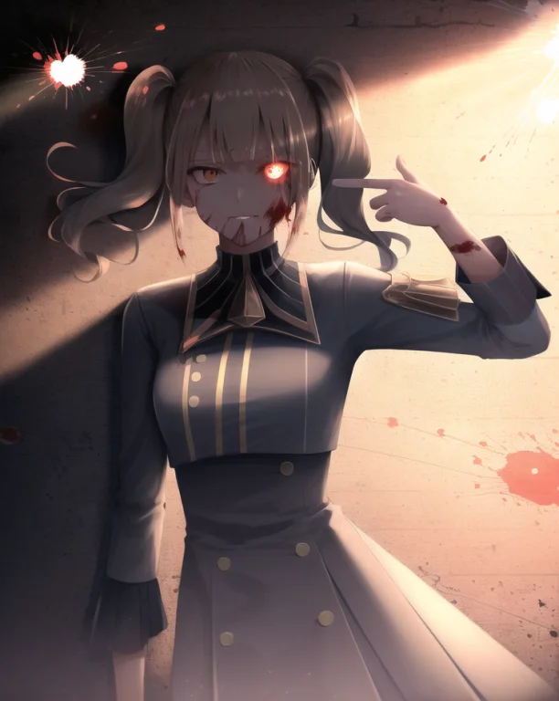 Evil Girl Wearing Fancy Punk Clothes And Jewelry With Finger...