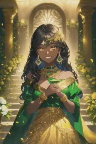 Oil Paiting, Woman, Dark Skin, Goldeyes, Black Long Hair, In... — Stable Diffusion AI Prompt: oil paiting, (woman, dark skin, gold_eyes, black long hair, in green luxury_dres...