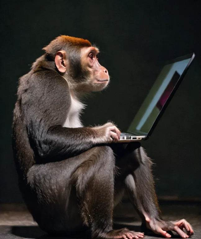 Artistic Photograph Of Monkey Using A Laptop, Full Body Shot...