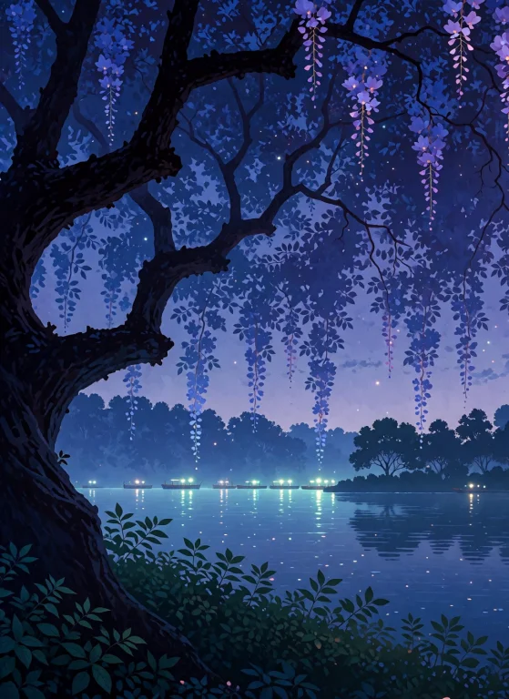 This Is A Digital Illustration Depicting A Tranquil Nocturna...