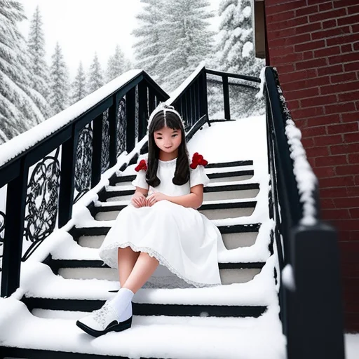 Teenager Girl In Snow-white Dress Sitting On The Stairway To...