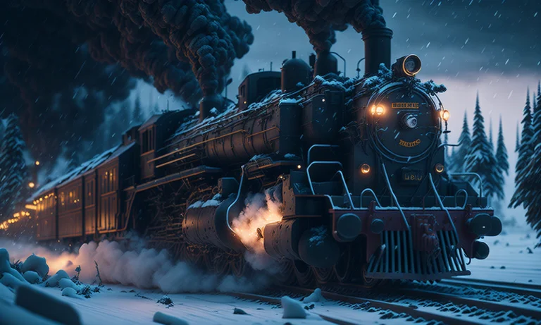 Long Futuristic Retro 10 Locomotive, Snow Dust From Train Tr...