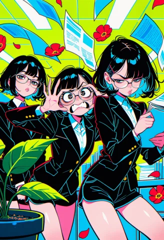 Masterpiece, Bold Vector Illustration Of Three Girls With Bl... — Stable Diffusion AI Prompt: masterpiece, Bold vector illustration of three girls with black hair, glasses, l...