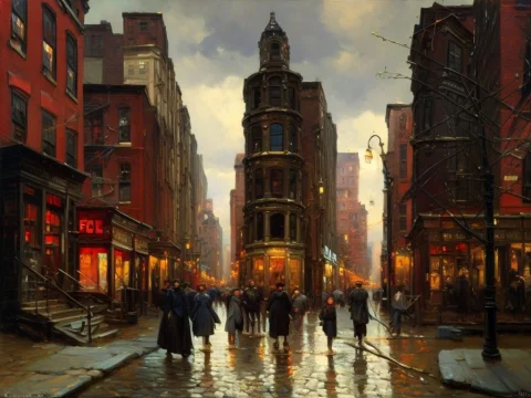 North End Street Of Boston By Laxpeintv2, Pedestrians Millin... — Stable Diffusion AI Prompt: North end street of Boston by laxpeintV2, pedestrians milling about between shop...