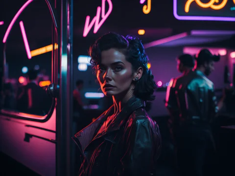 Award Winning Cinematic Photo Of Woman Standing Outside A 50... — Stable Diffusion AI Prompt: award winning cinematic photo of woman standing outside a 50s diner, neon signs,...